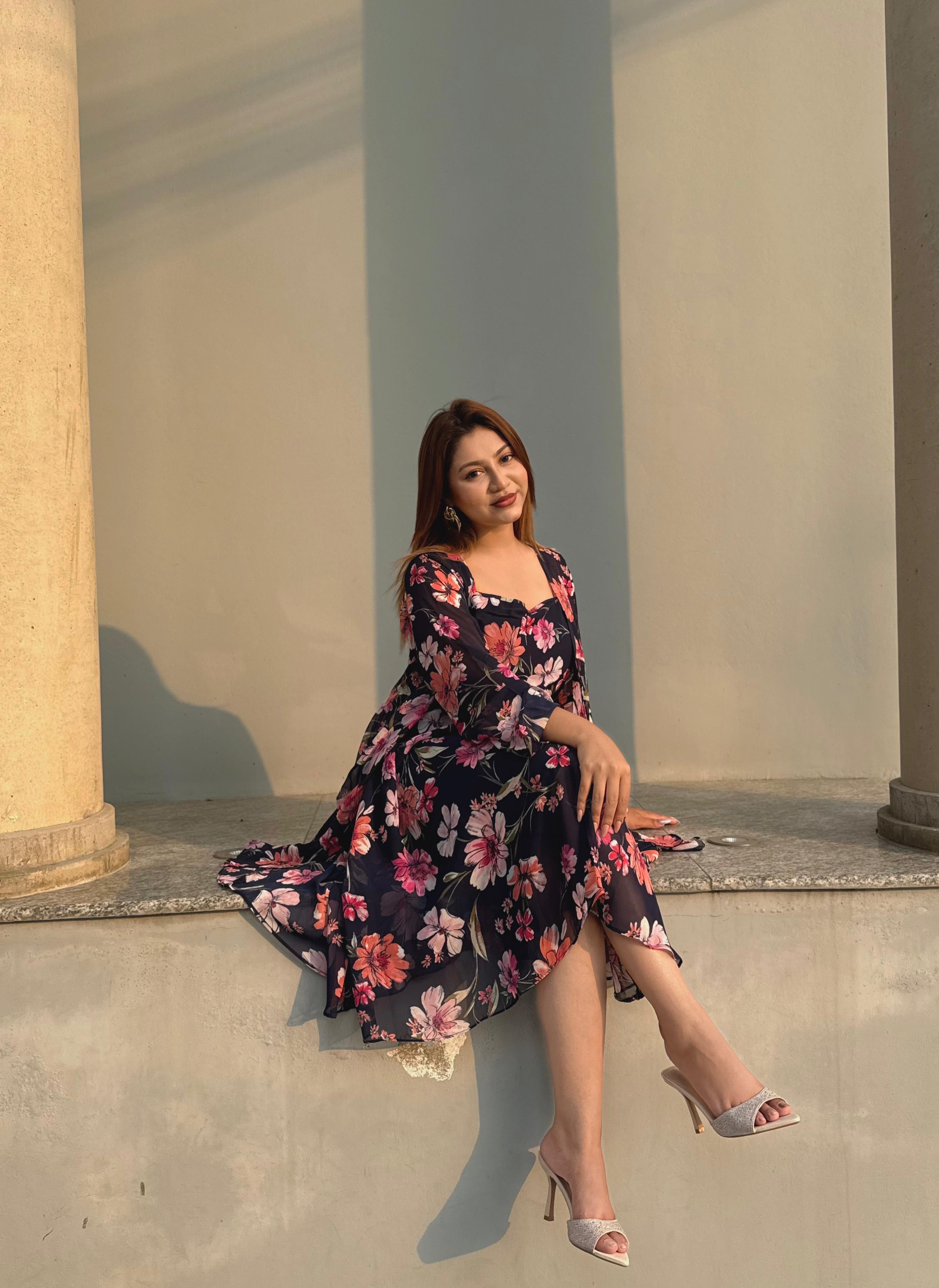 Midi Gown with Shrug Set || Koti Gown Set || Shrug + Midi || Deep Blue Floral