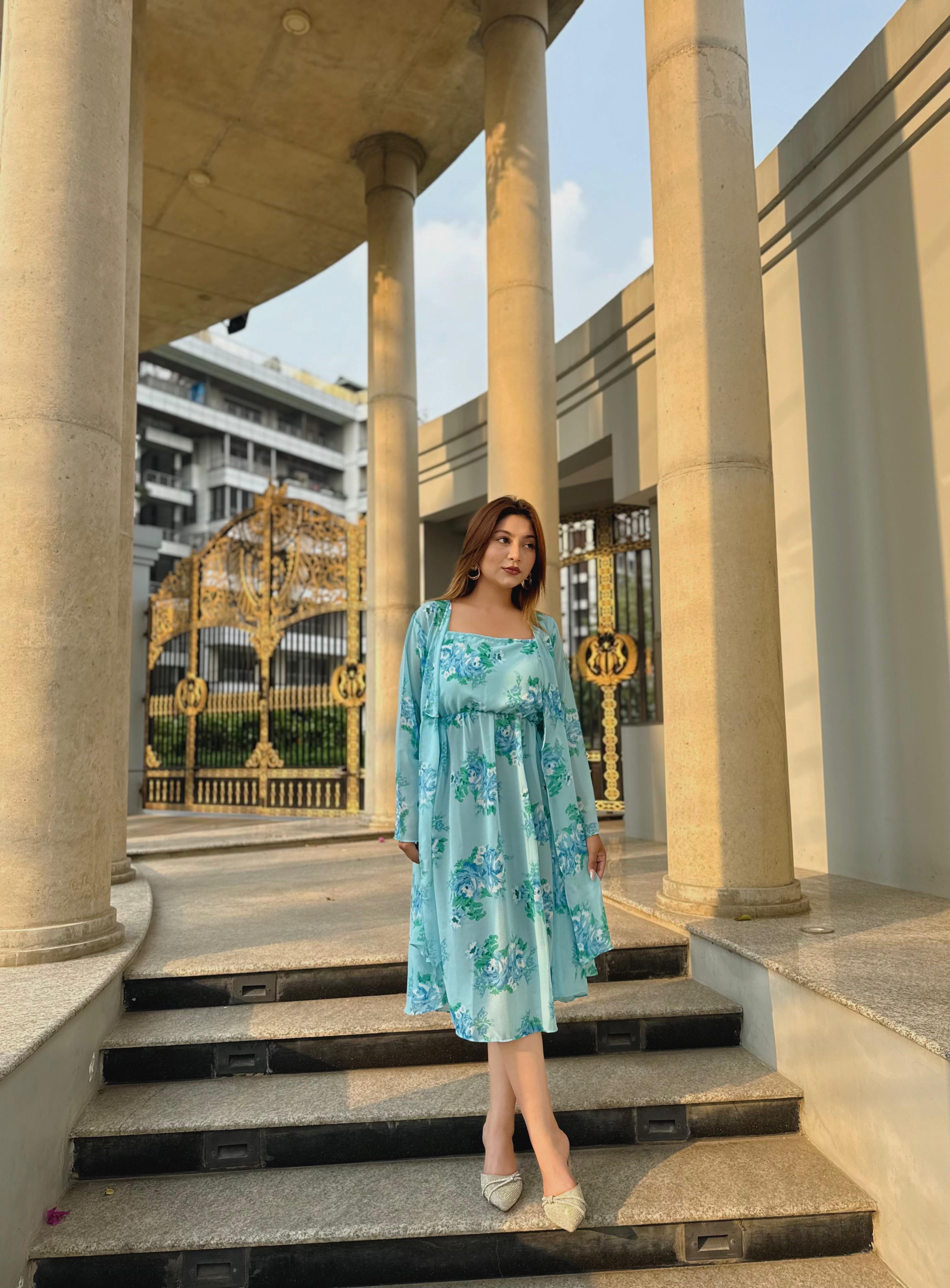 Midi Gown with Shrug Set || Koti Gown Set || Shrug + Midi || Sky