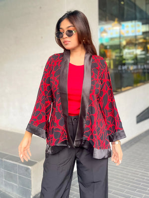 Buy This Red Pulse Short Kimono for Summer Essentrail Pairing With Red Sleeveless Crop Top & Black Pant. Trendy Buzz.