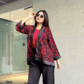 Buy This Red Pulse Short Kimono for Summer Essentrail Pairing With Red Sleeveless Crop Top & Black Pant. Trendy Buzz.