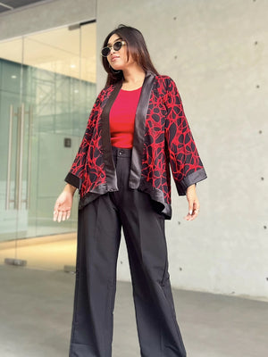 Buy This Red Pulse Short Kimono for Summer Essentrail Pairing With Red Sleeveless Crop Top & Black Pant. Trendy Buzz.