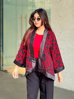 Buy This Red Pulse Short Kimono for Summer Essentrail Pairing With Red Sleeveless Crop Top & Black Pant. Trendy Buzz.