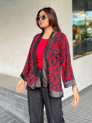 Buy This Red Pulse Short Kimono for Summer Essentrail Pairing With Red Sleeveless Crop Top & Black Pant. Trendy Buzz.