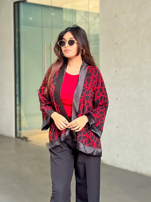 Buy This Red Pulse Short Kimono for Summer Essentrail Pairing With Red Sleeveless Crop Top & Black Pant. Trendy Buzz.