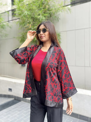 Buy This Red Pulse Short Kimono for Summer Essentrail Pairing With Red Sleeveless Crop Top & Black Pant. Trendy Buzz.