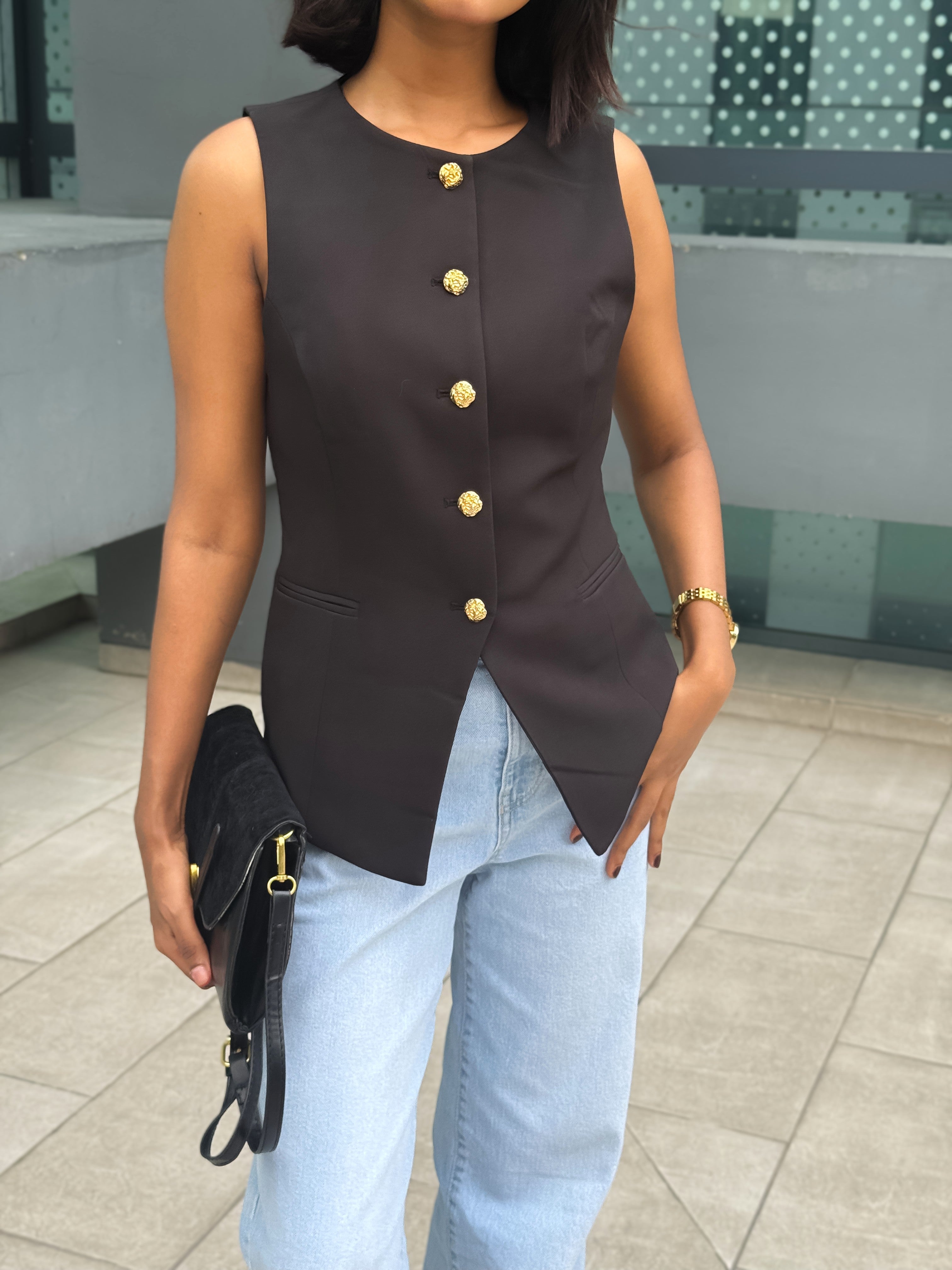 Boss Lady black vest for women by Trendy Buzz. Style it With Formal Pant,Skirt or More. Can Be worn in formal events,parties,casual hangouts. old money vibe fit.