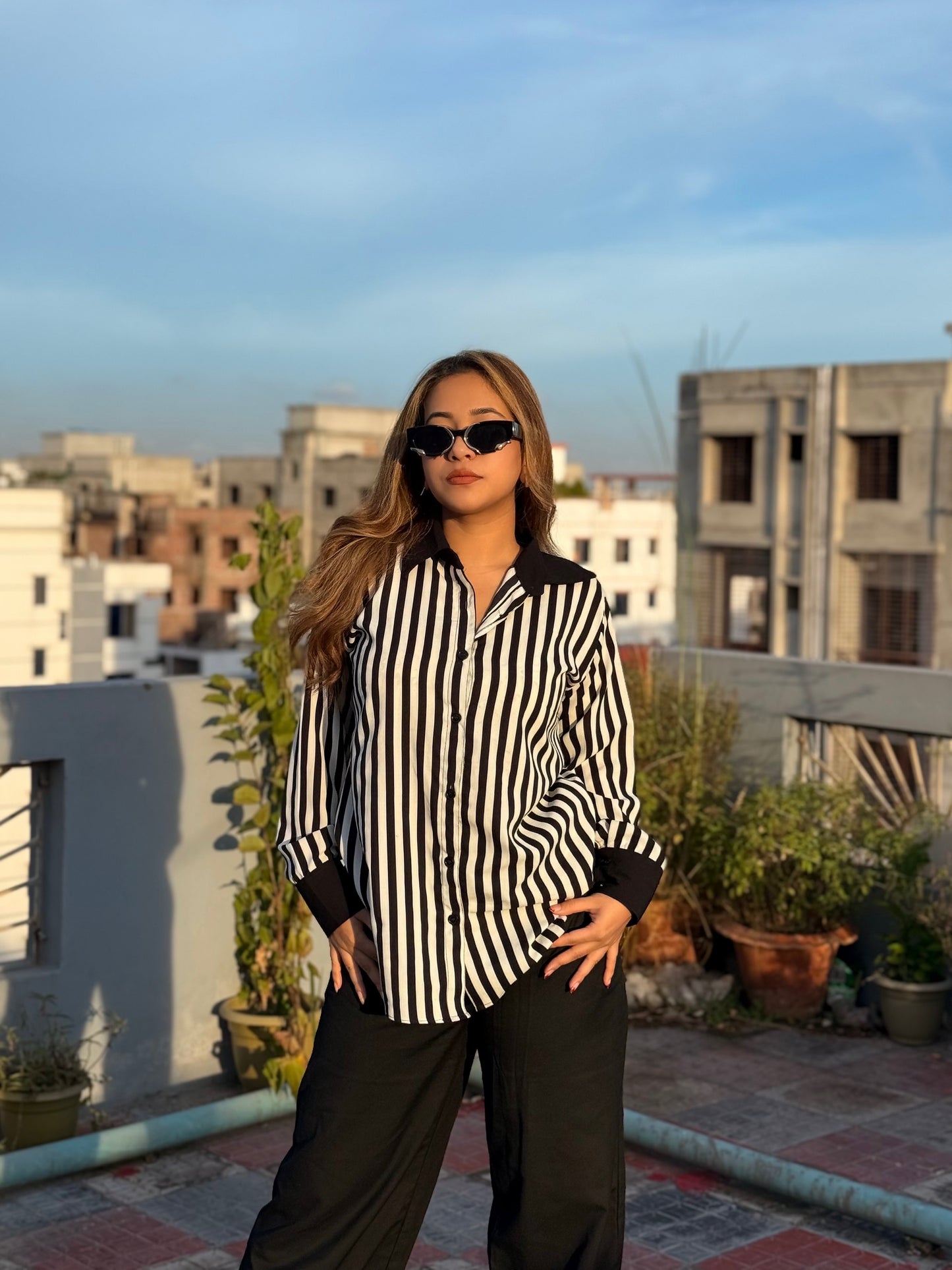 Premium Ladies Black & White Stripe Shirt – Elegant Formal & Casual Wear