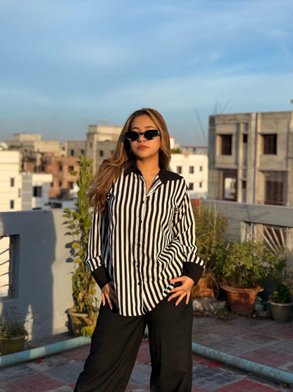Premium Ladies Black & White Stripe Shirt – Elegant Formal & Casual Wear