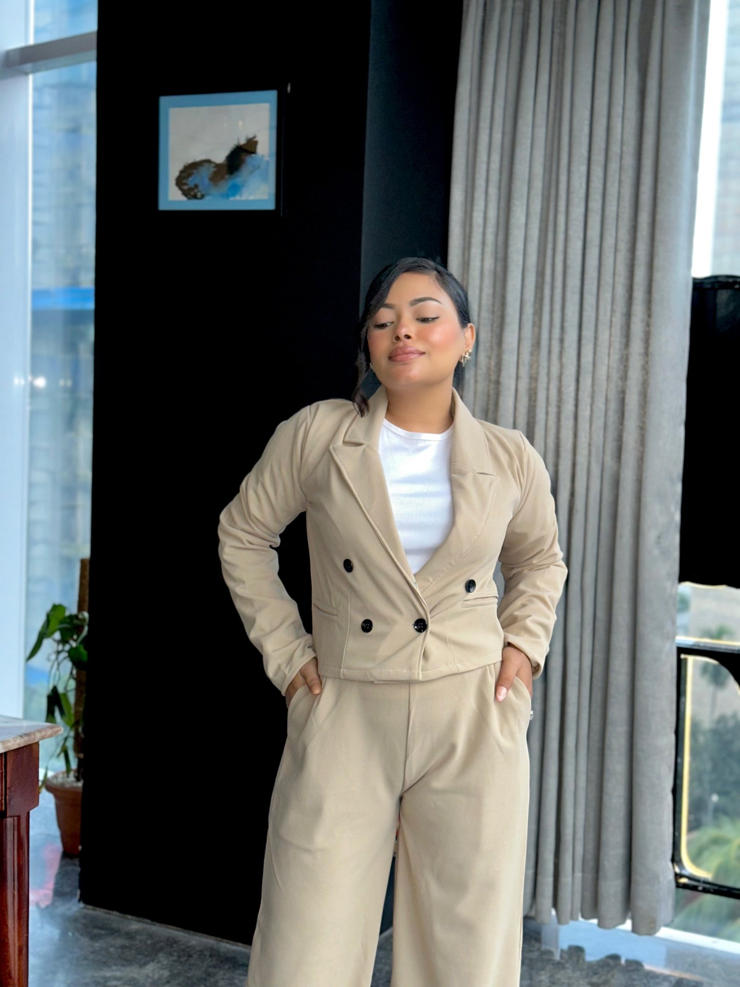 Ladies Crop Beige Blazer Set || Fashionable Blazer Suit || Women Blazer