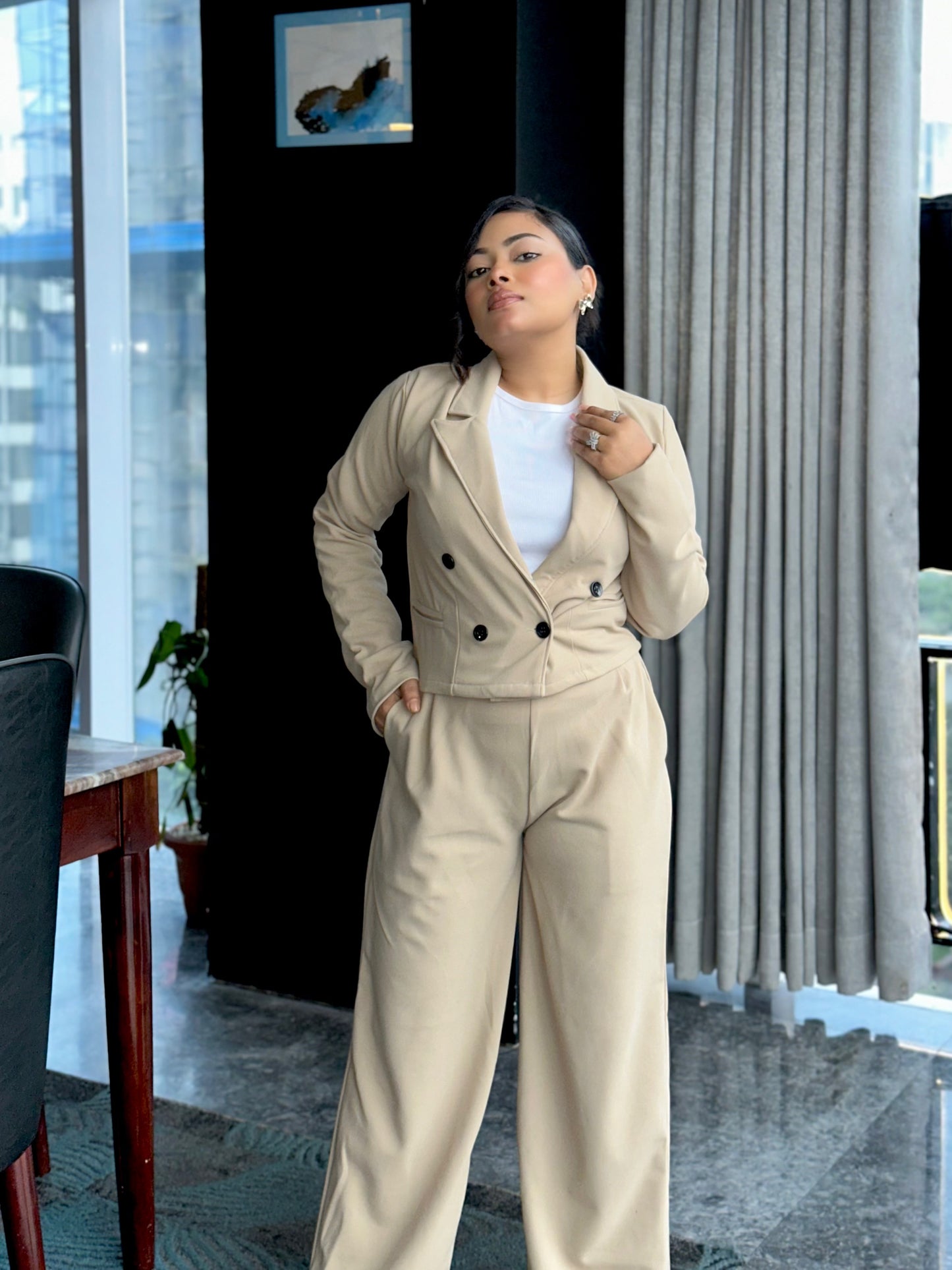 Ladies Crop Beige Blazer Set || Fashionable Blazer Suit || Women Blazer