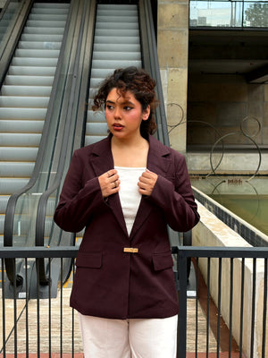 Dark chocolate premium buckle blazer for women with padded shoulders and metal buckle closure. Trendy Buzz BD.