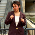 Dark chocolate premium buckle blazer for women with padded shoulders and metal buckle closure. Trendy Buzz BD.