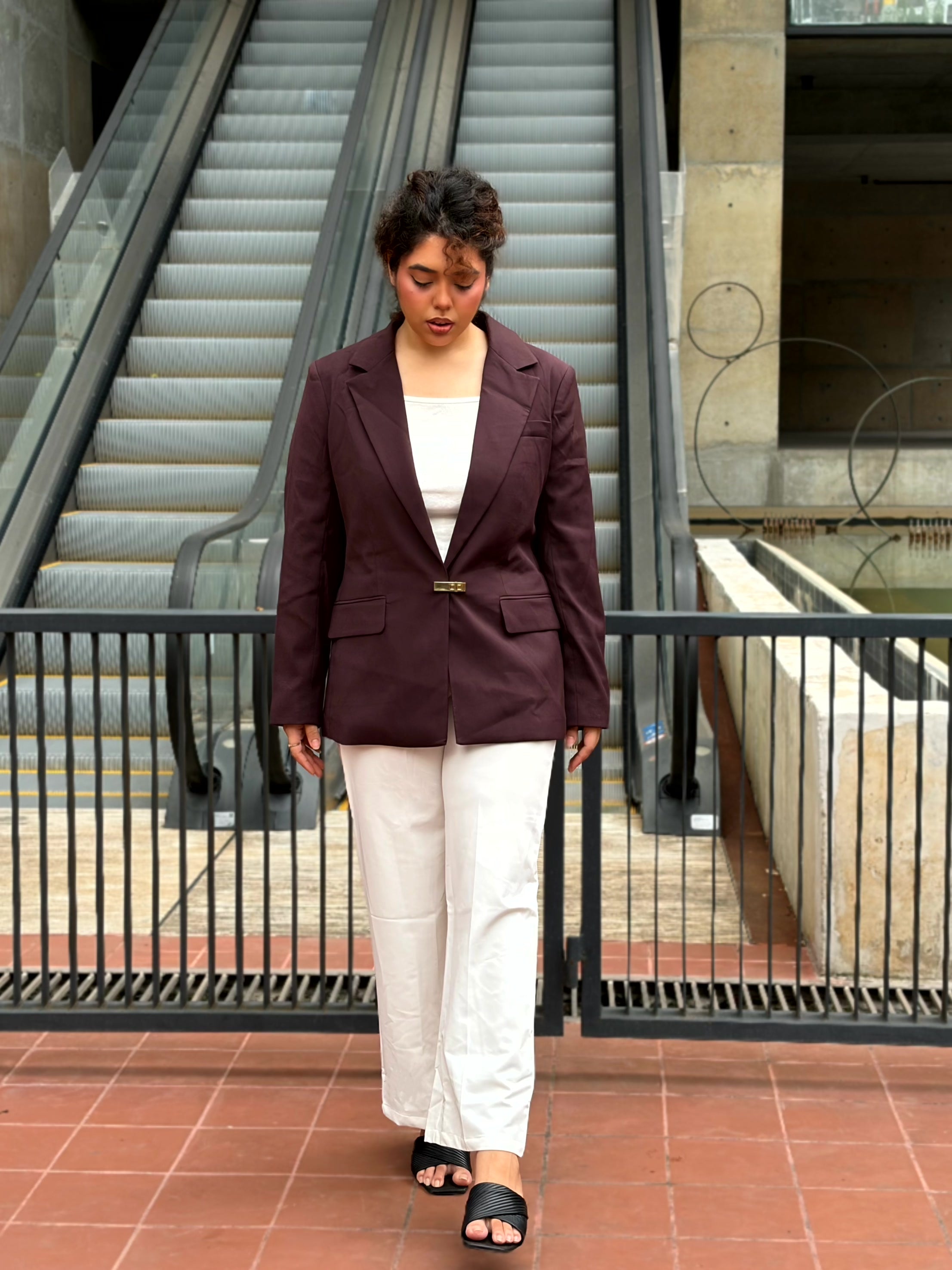 Dark chocolate premium buckle blazer for women with padded shoulders and metal buckle closure. Trendy Buzz BD.