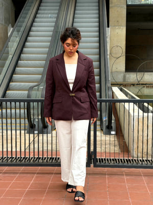 Dark chocolate premium buckle blazer for women with padded shoulders and metal buckle closure. Trendy Buzz BD.