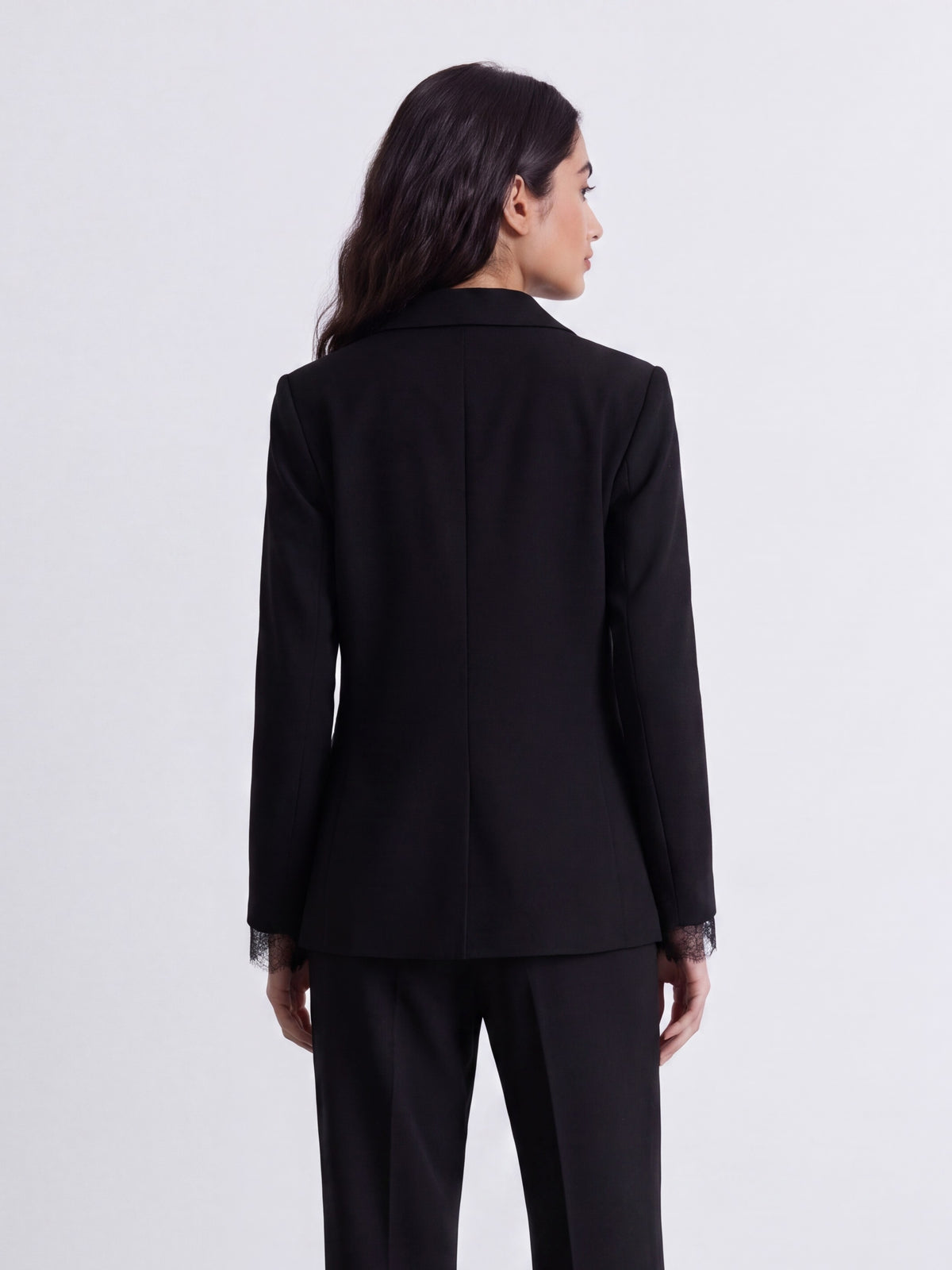 Premium black blazer with lace-attached sleeves for women. Trendy Buzz BD.
