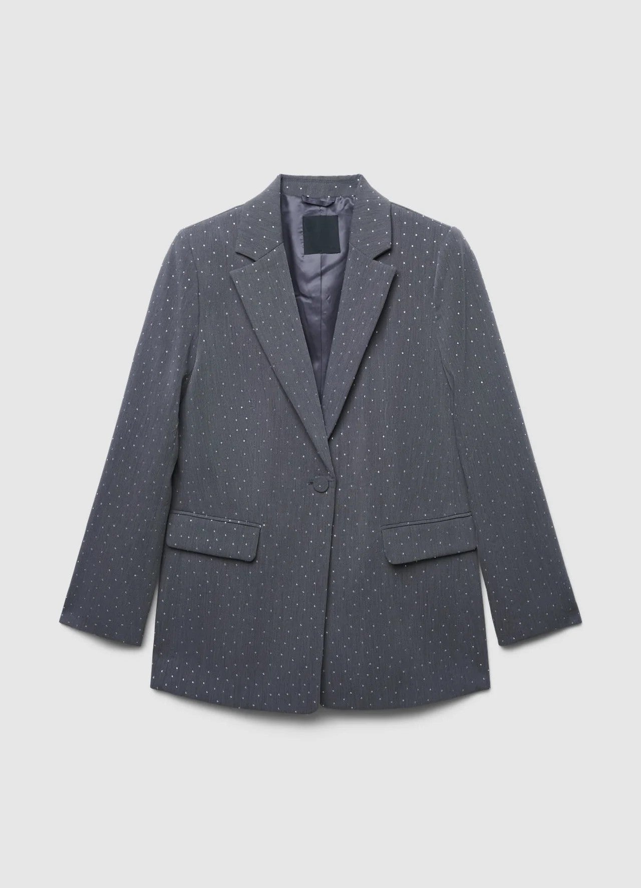 Ladies stone work party blazer in gray color styled with black wide leg pants and black crop top. Trendy Buzz BD.