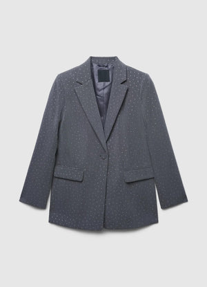 Ladies stone work party blazer in gray color styled with black wide leg pants and black crop top. Trendy Buzz BD.
