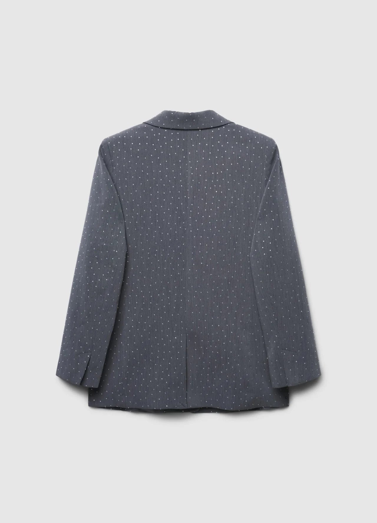 Ladies stone work party blazer in gray color styled with black wide leg pants and black crop top. Trendy Buzz BD.