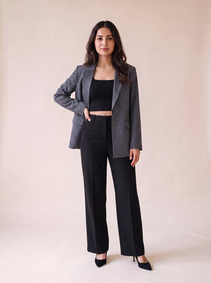 Ladies stone work party blazer in gray color styled with black wide leg pants and black crop top. Trendy Buzz BD.