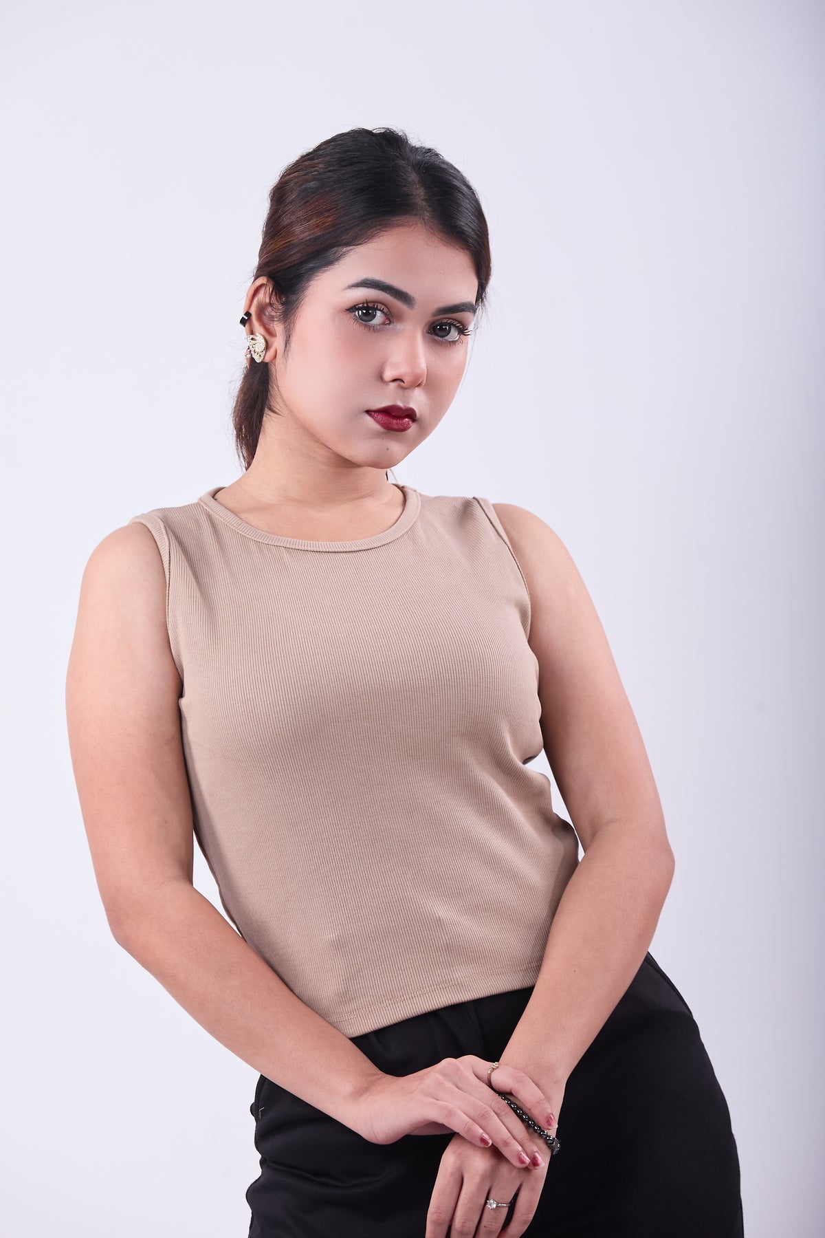 Ladies Sleeveless Crop Top – Basic Tank Top for Everyday Wear || Nude Beige