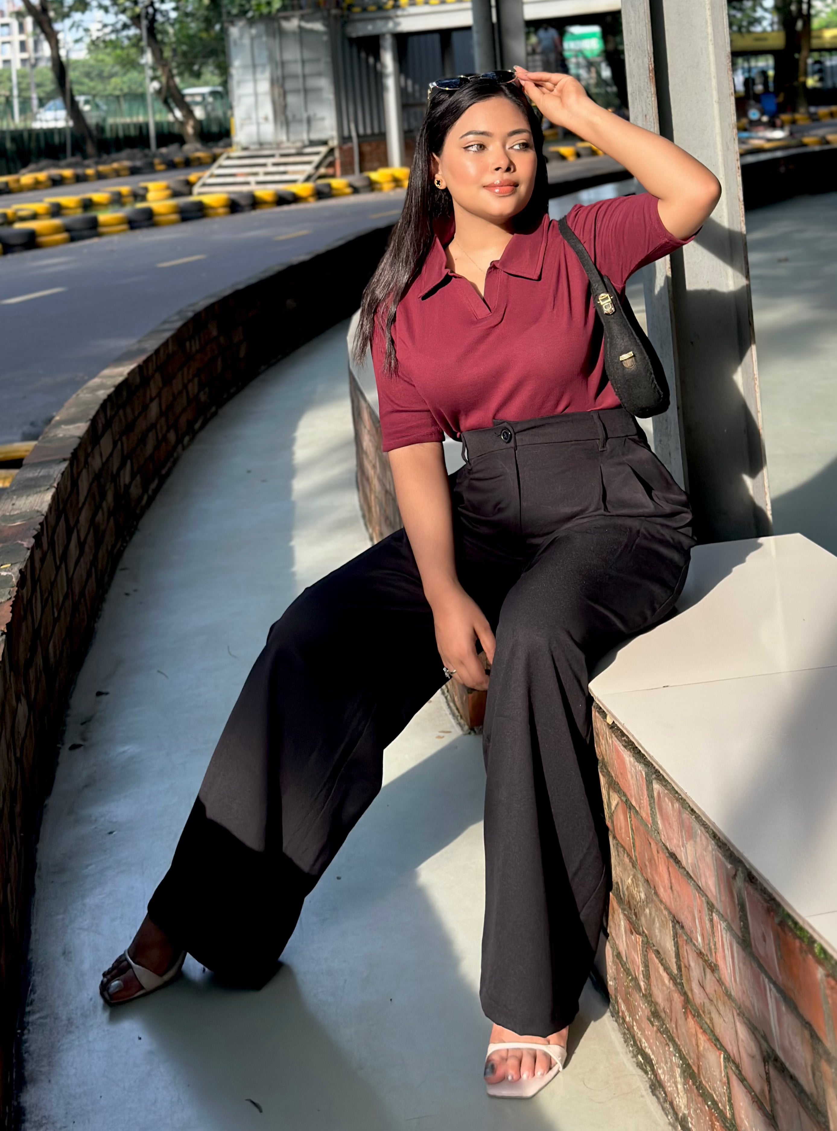 Ladies Wide Leg Formal Pant (Button) || Black