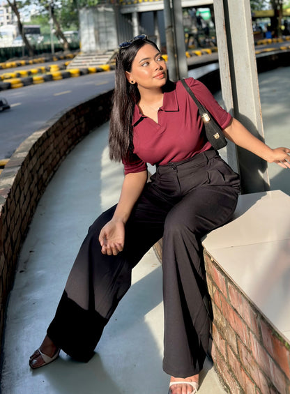 Ladies Wide Leg Formal Pant (Button) || Black