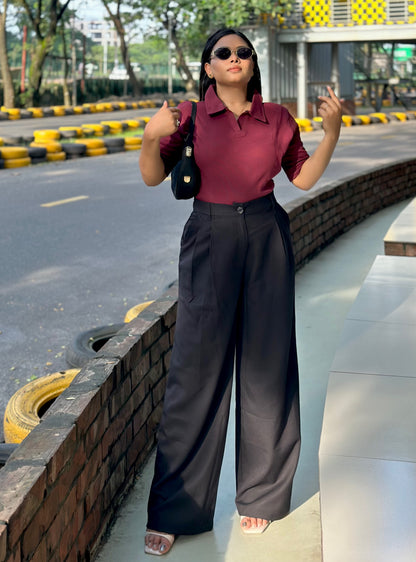 Ladies Wide Leg Formal Pant (Button) || Black