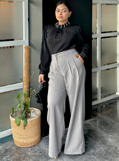Ladies Check Print Wide Leg Formal Pant (Button) || Ash Gray Check