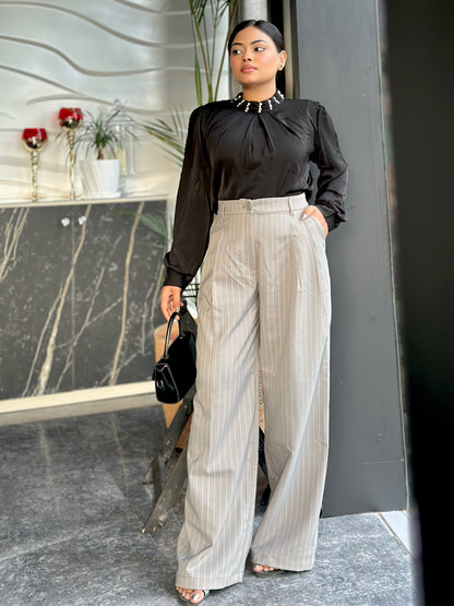 Ladies Check Print Wide Leg Formal Pant (Button) || Ash Gray Check