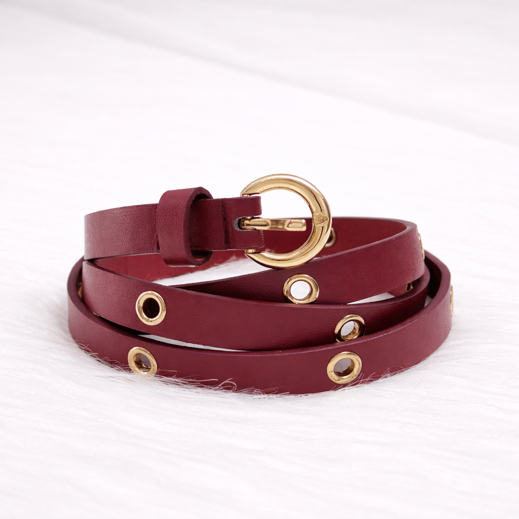 Women Maroon Eyelet Belt with Gold Buckle – Slim Waist Belt for Dress & Co-ord