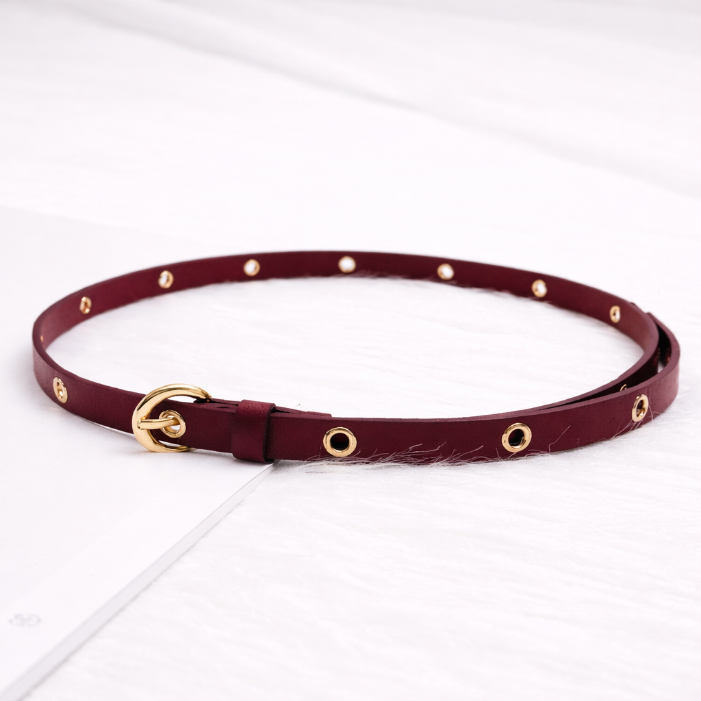 Women Maroon Eyelet Belt with Gold Buckle – Slim Waist Belt for Dress & Co-ord