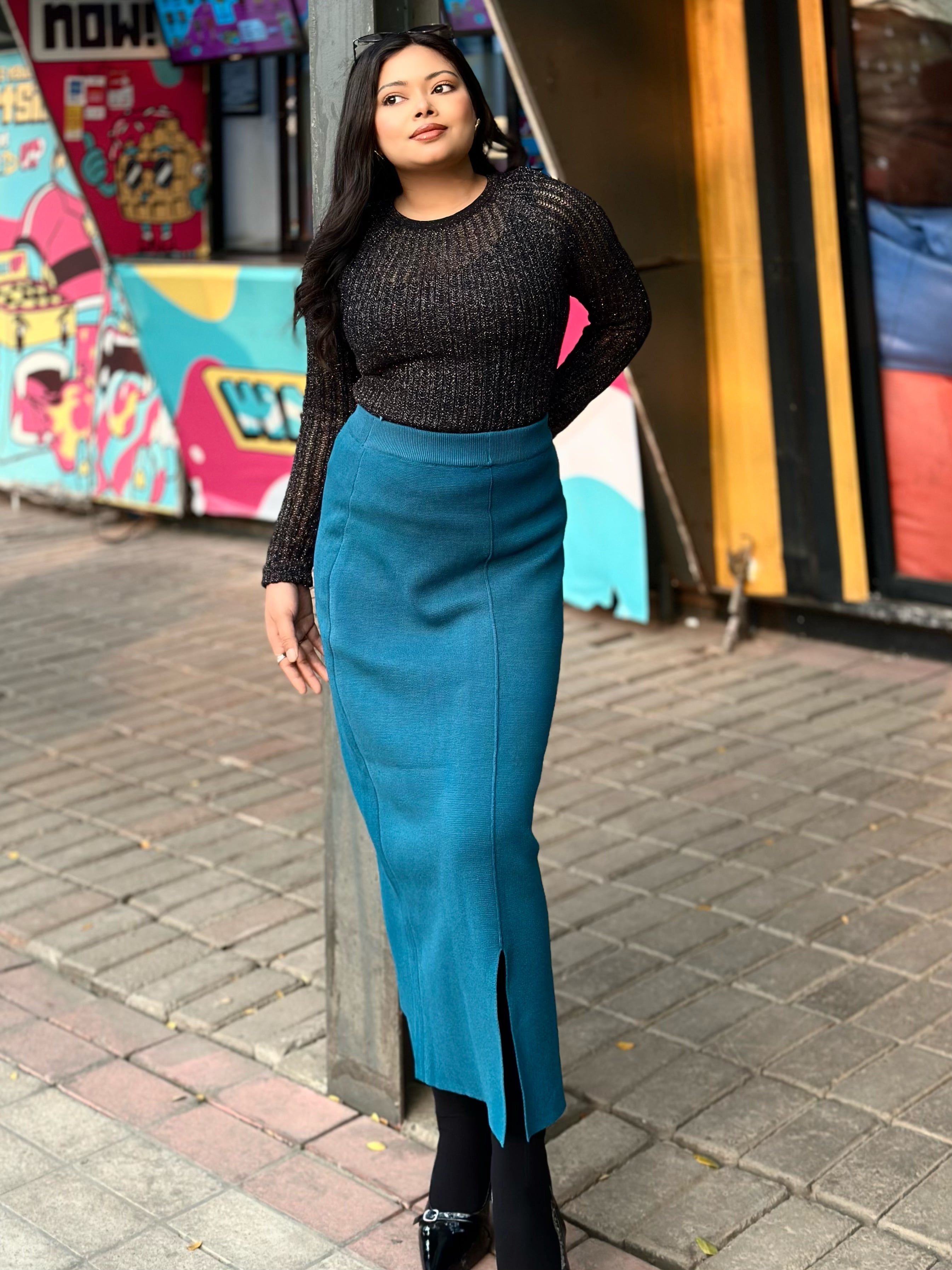 Ladies Sea Blue High Waist Pencil Skirt || Western Wear || Sea Blue Skirt