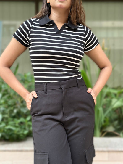 Contrast Polo T-Shirt || Black & White Stripe