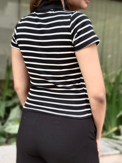Contrast Polo T-Shirt || Black & White Stripe