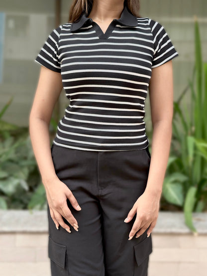 Contrast Polo T-Shirt || Black & White Stripe