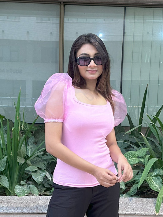 Mesh Puffy Sleeve Tops || Light Pink