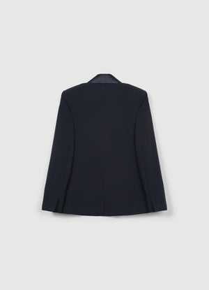 Premium 6 button double-breasted black blazer for women with satin-like lapels and flap pockets