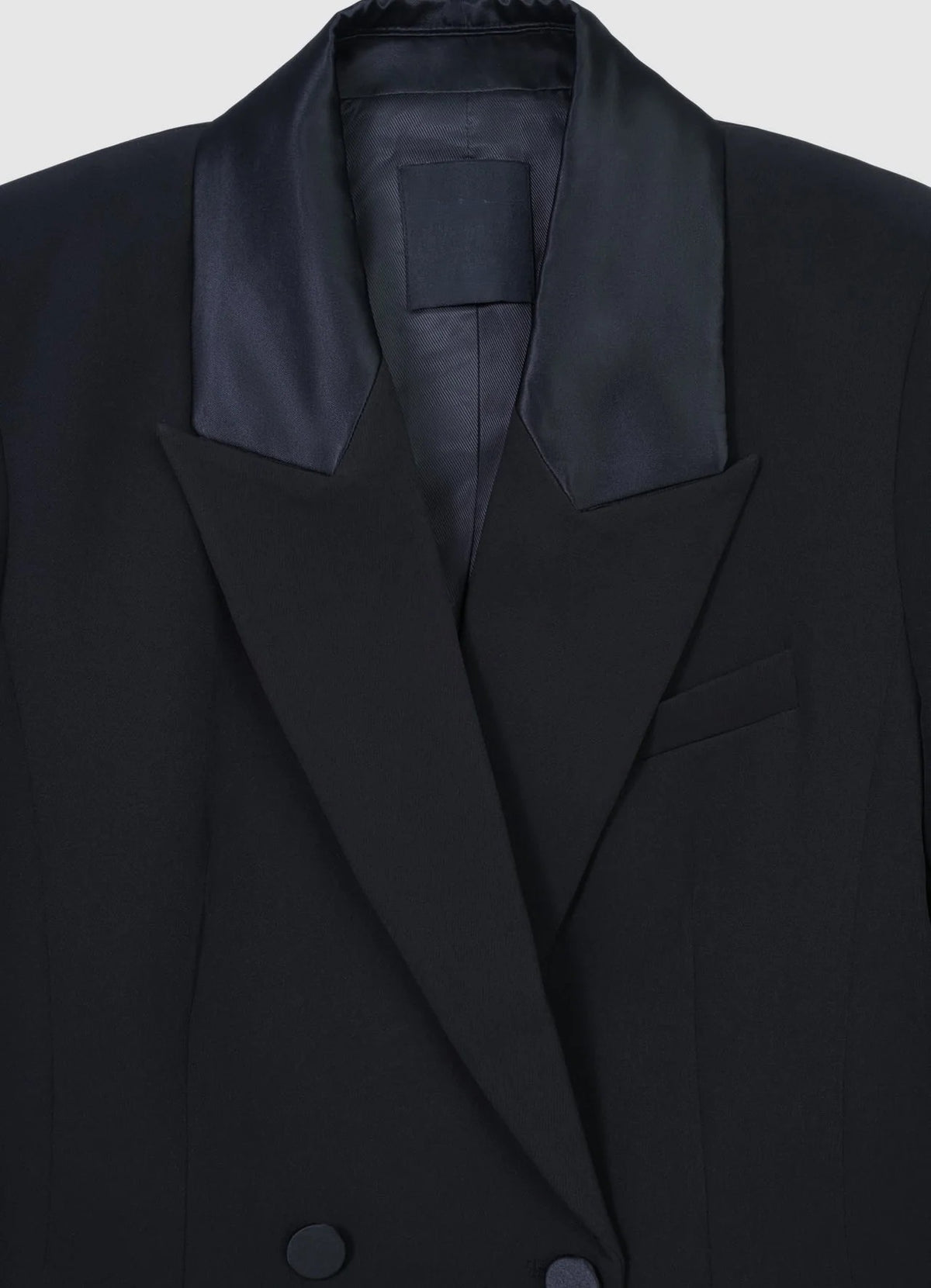 Premium 6 button double-breasted black blazer for women with satin-like lapels and flap pockets. trendy buzz bd.