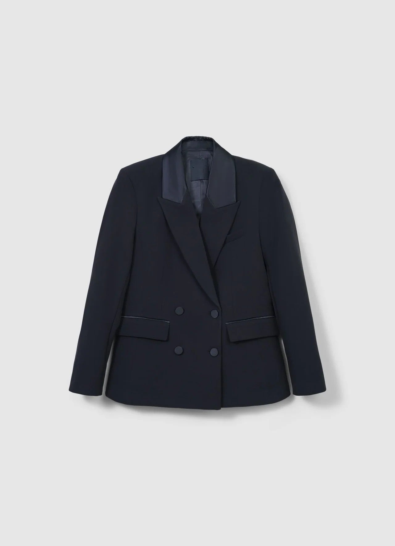 Premium 6 button double-breasted black blazer for women with satin-like lapels and flap pockets
