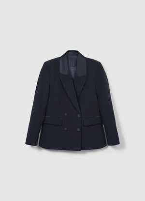 Premium 6 button double-breasted black blazer for women with satin-like lapels and flap pockets