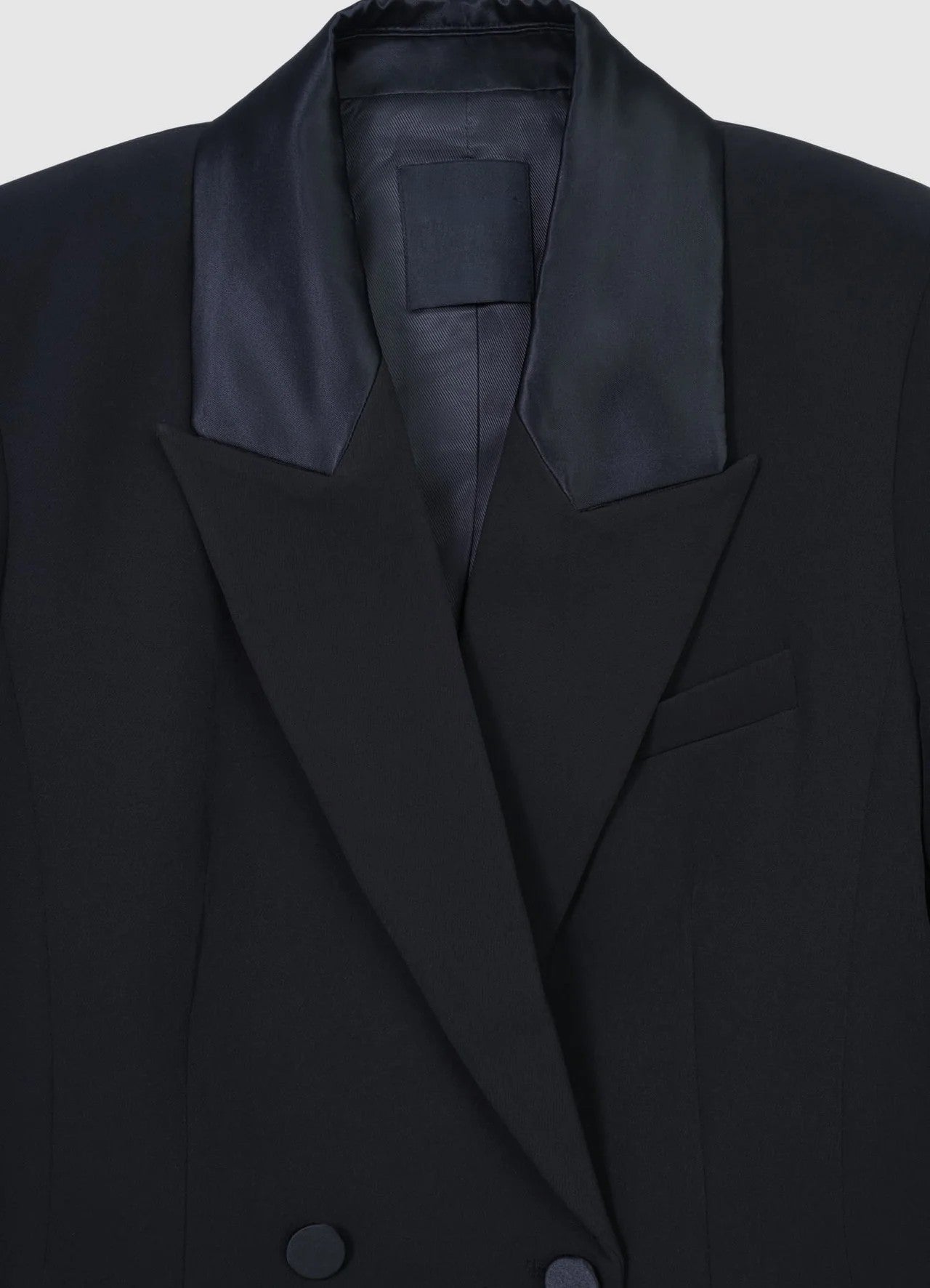 Premium 6 button double-breasted black blazer for women with satin-like lapels and flap pockets