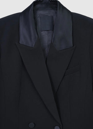 Premium 6 button double-breasted black blazer for women with satin-like lapels and flap pockets
