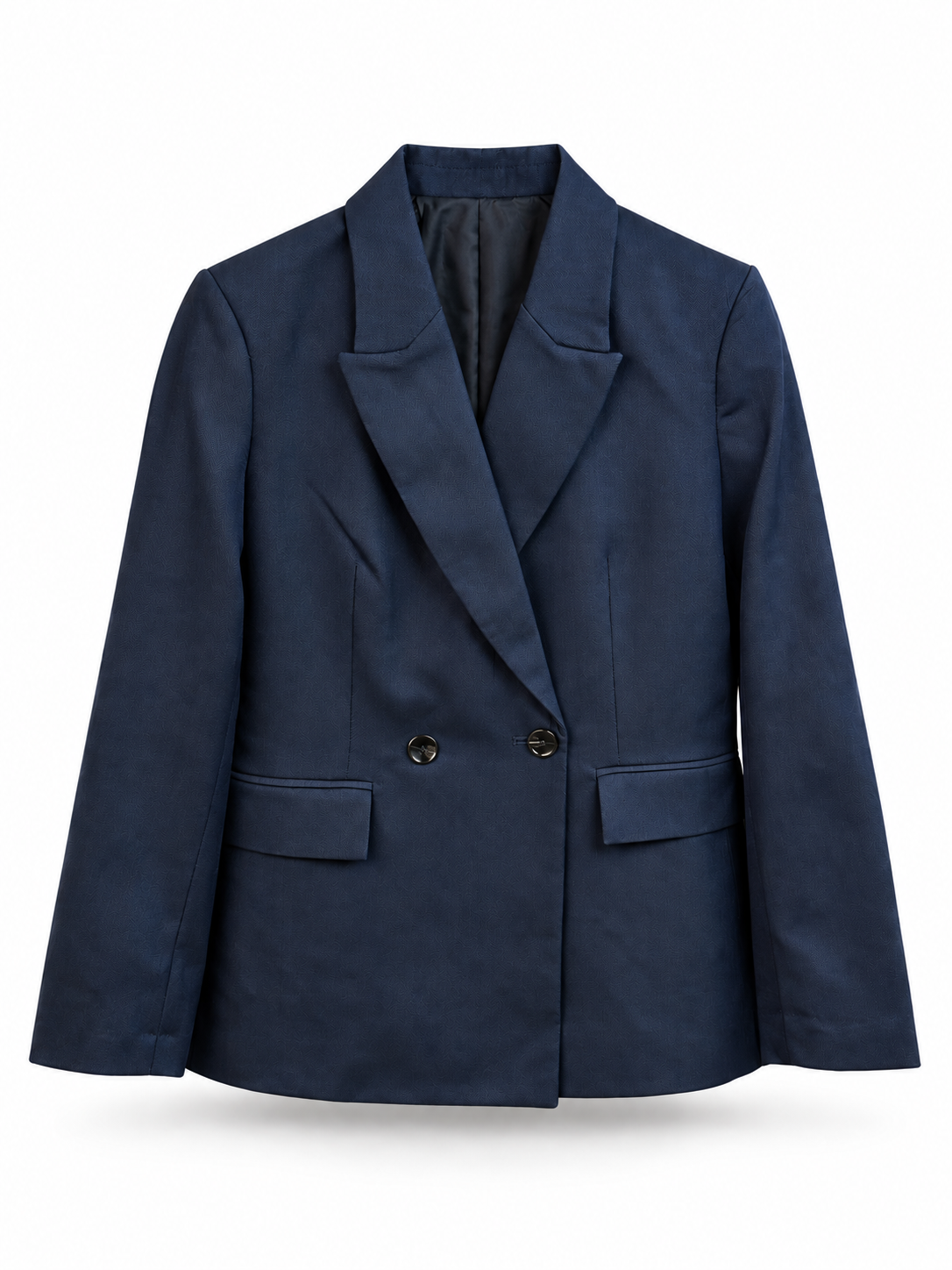 A navy blue double-breasted blazer with notched lapels and two front buttons, displayed on a clean white background.