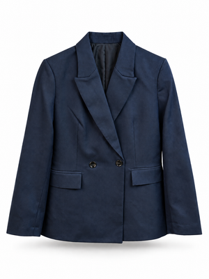 A navy blue double-breasted blazer with notched lapels and two front buttons, displayed on a clean white background.