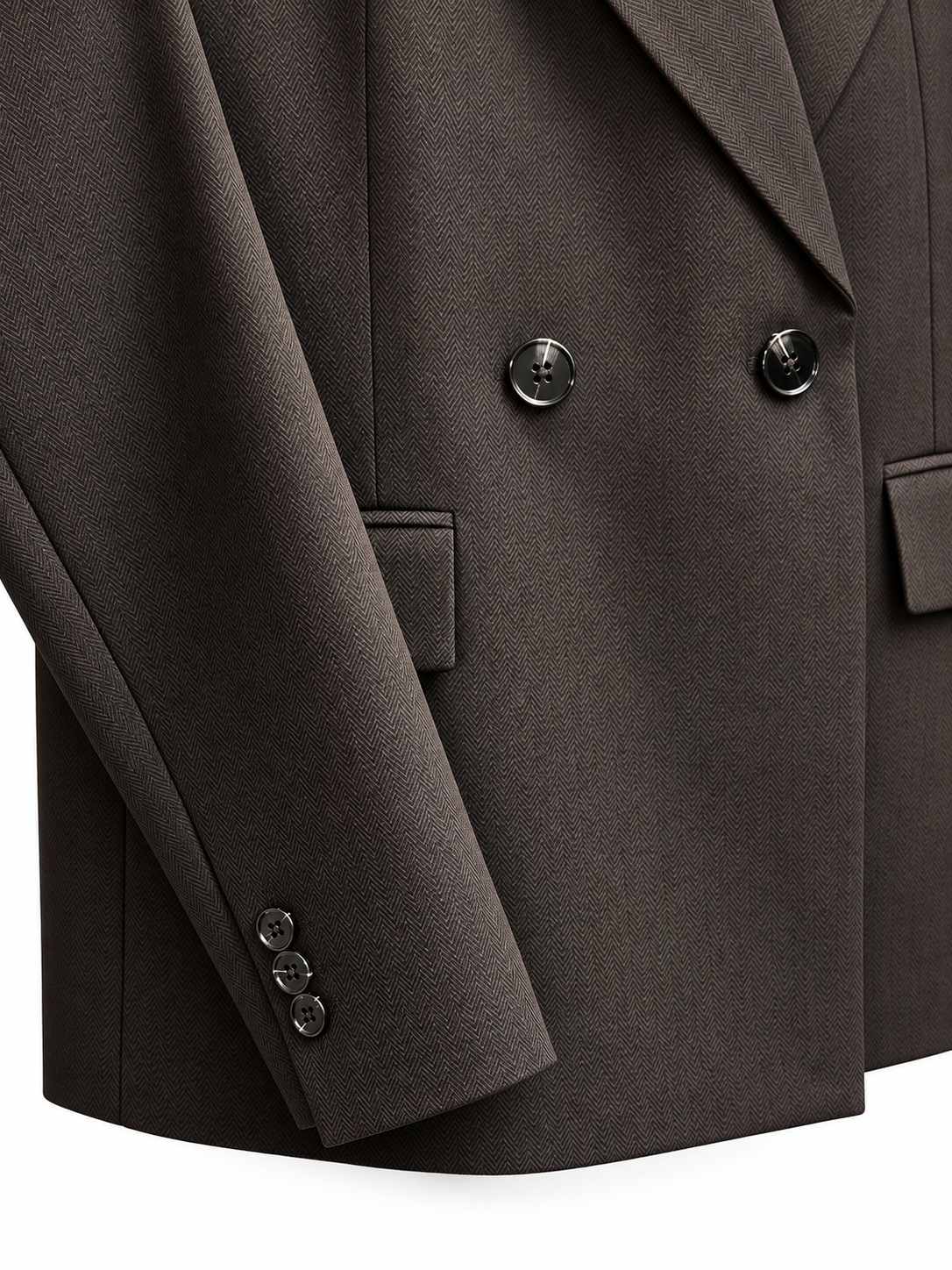 Close-up of a dark brown double-breasted suit jacket, showing the lapels, double-breasted buttons, and pocket flaps on a clean white background.