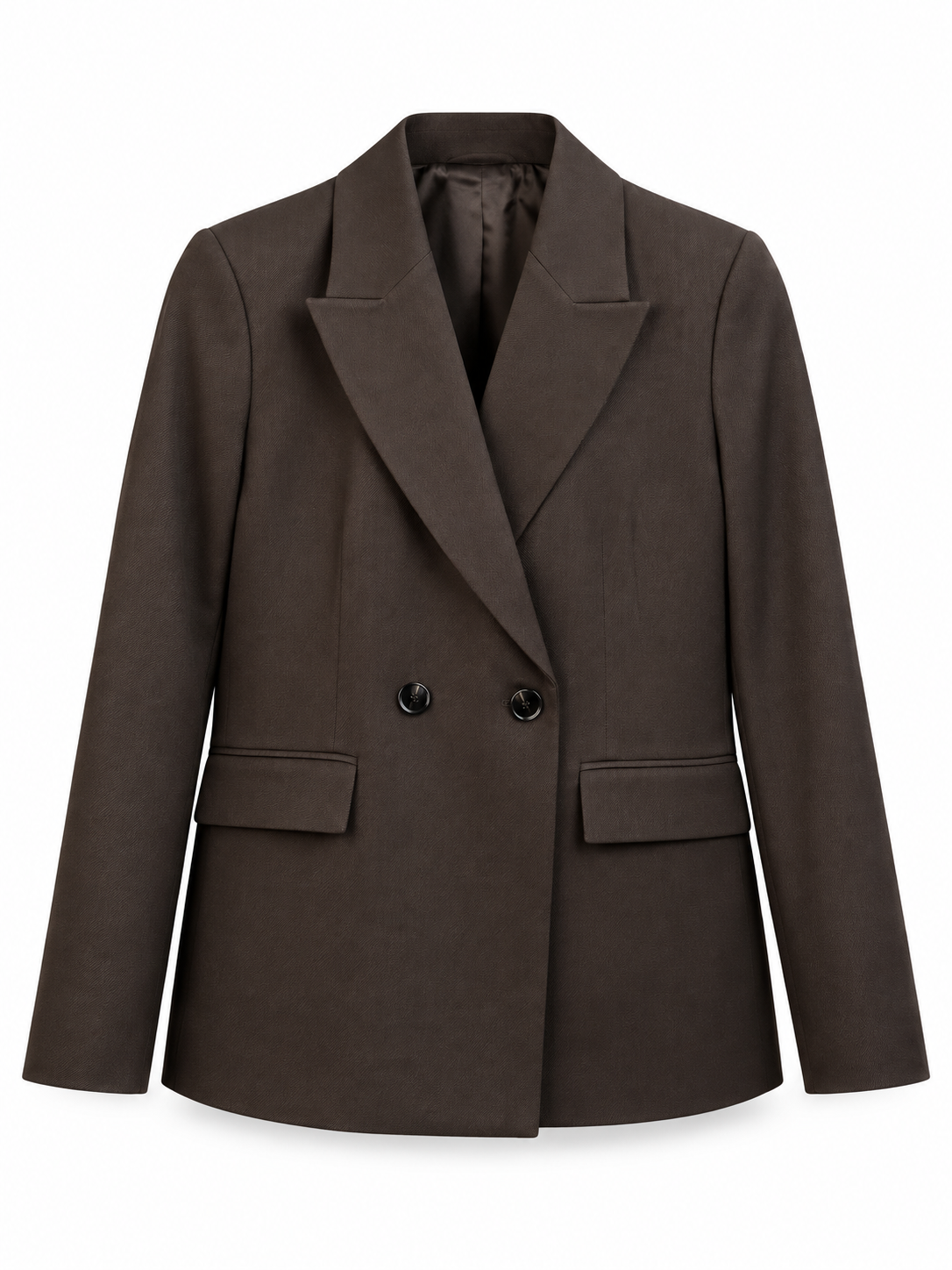 A dark brown double-breasted blazer with notched lapels and flap pockets, shown against a plain white background.
