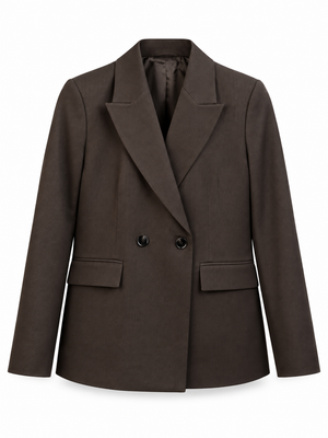 A dark brown double-breasted blazer with notched lapels and flap pockets, shown against a plain white background.