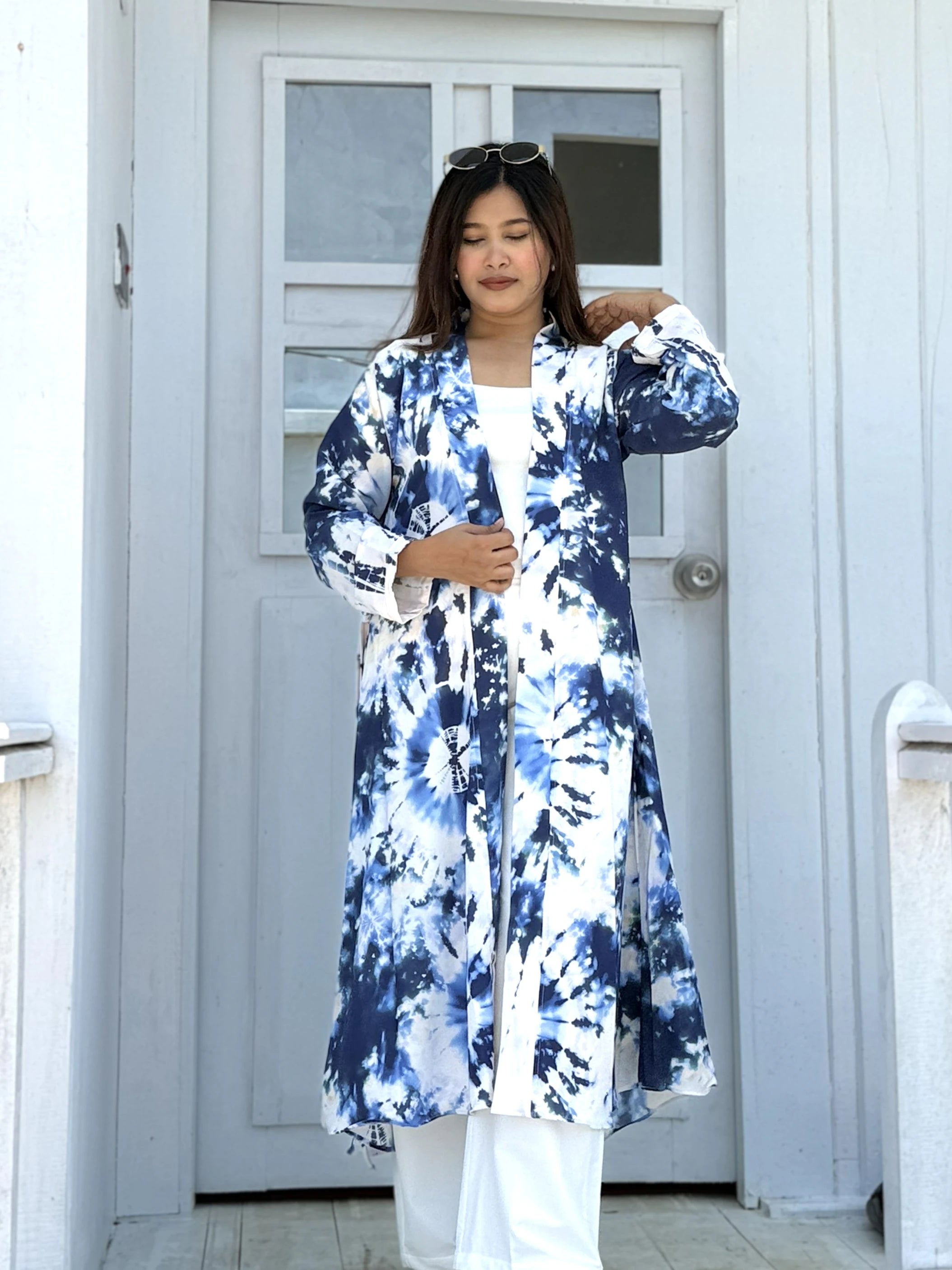 Ocean Mist - Blue & White Tie-Dye Elegant  Long Shrug for wmen. can be style in vacation,tour,outting or more places. Buy long shrug from Trendy Buzz.