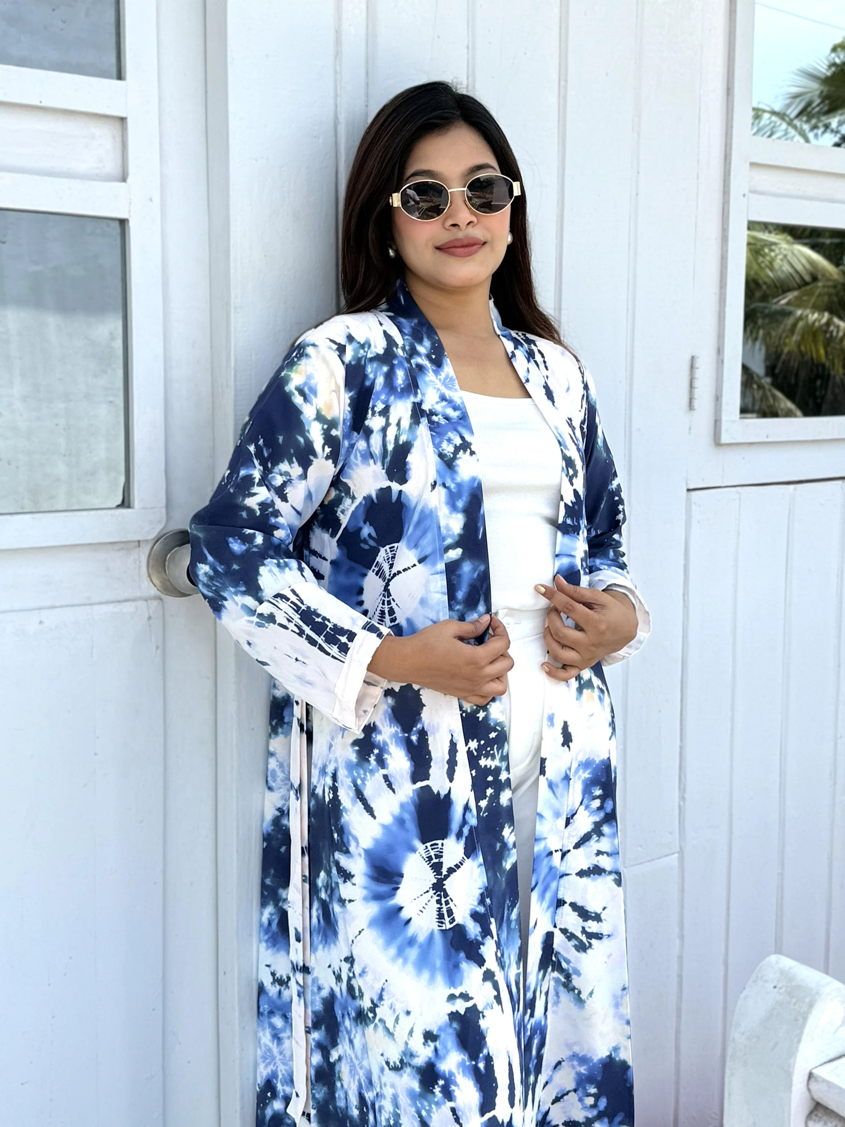 Ocean Mist - Blue & White Tie-Dye Elegant  Long Shrug for wmen. can be style in vacation,tour,outting or more places. Buy long shrug from Trendy Buzz.