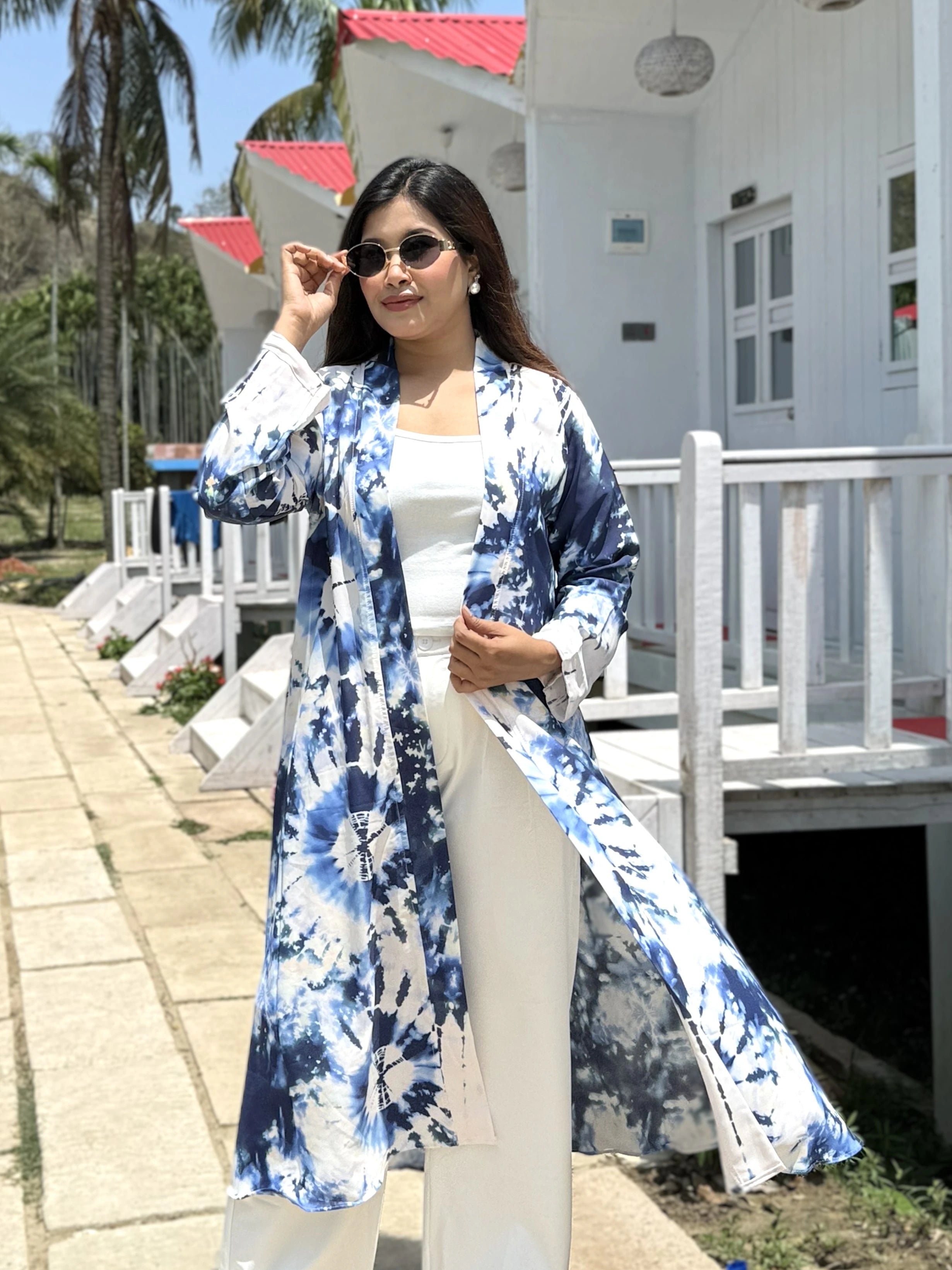 Ocean Mist - Blue & White Tie-Dye Elegant  Long Shrug for wmen. can be style in vacation,tour,outting or more places. Buy long shrug from Trendy Buzz.